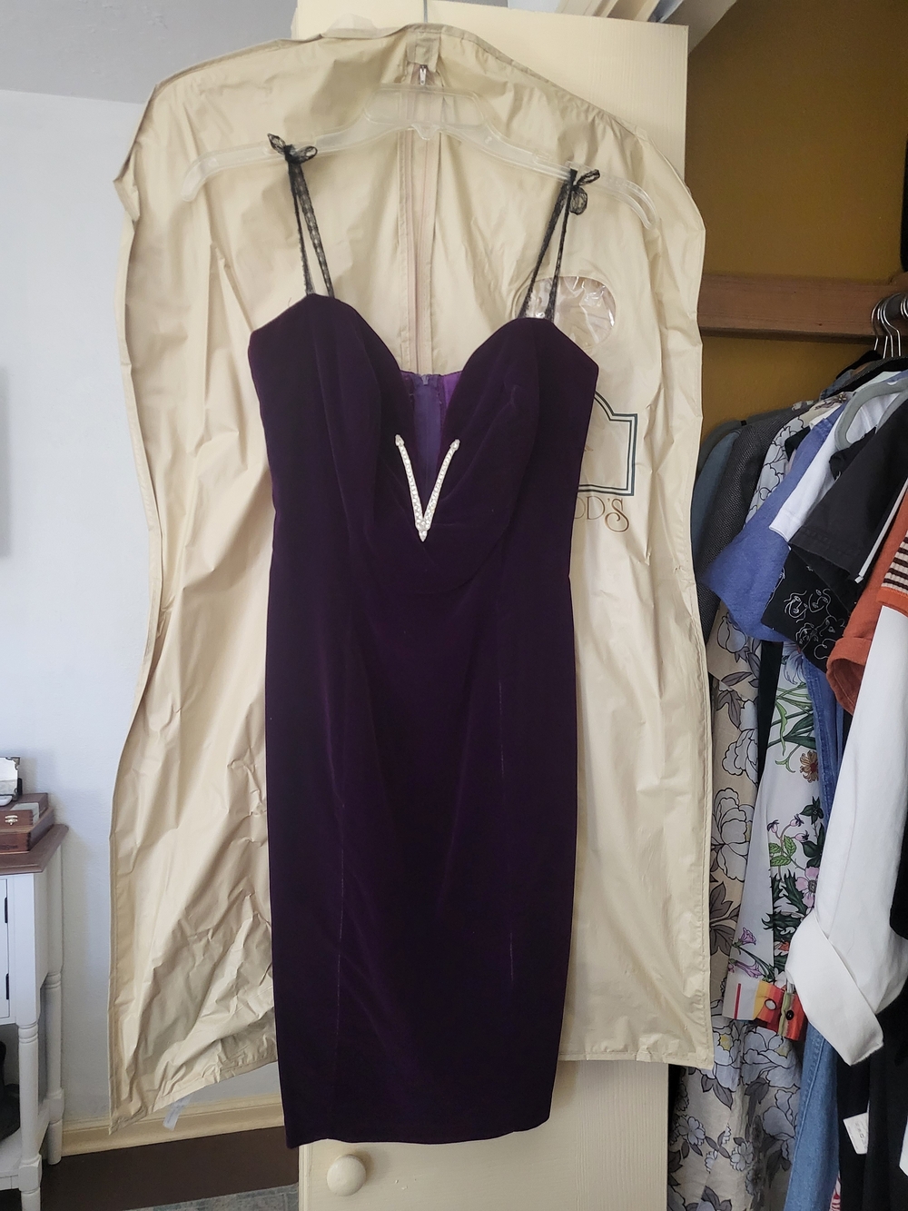 Women’s Purple Velvet Midi Dress with Embellished V Detail